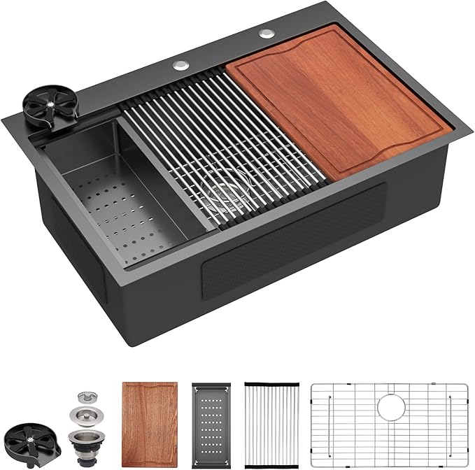 Dcolora 36 In. Black Kitchen Sink with Cup Washer, Large Single Bowl Drop In Installation, Heavy Duty 16 Gauge 304 Stainless Steel, Workstation with Valued Accessories, 36"x22"x10" #DC-T2533003BWS