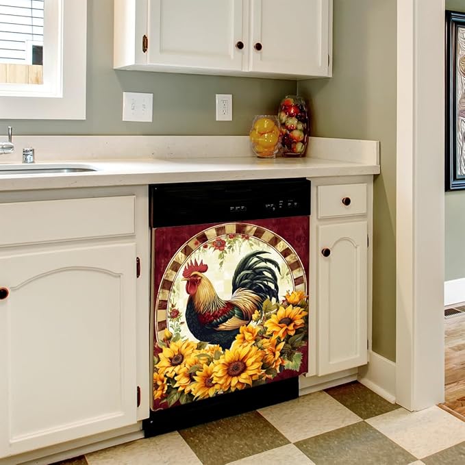 Retro Sunflower Rooster Dishwasher Magnet Cover Front Dishwasher Cover Decor Reusable Magnetic Door Cover Panel Decal Home Appliances Stickers Kitchen Refrigerator Fridge 23"x26"