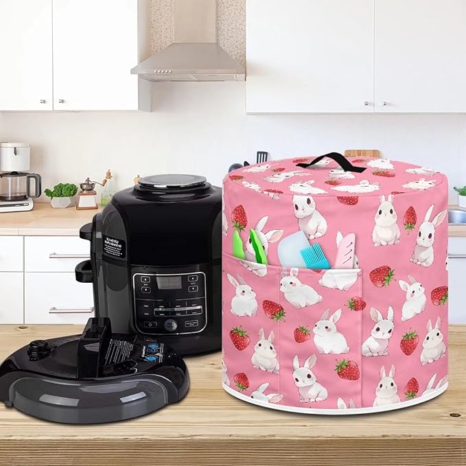Strawberry Rabbit Easter Pressure Cooker Cover with Storage Pocket Compatible with 8 10 Quart Instant Pot, Durable Rice Cooker Air Fryer Accessories, Waterproof Kitchen Appliances Dust Cover