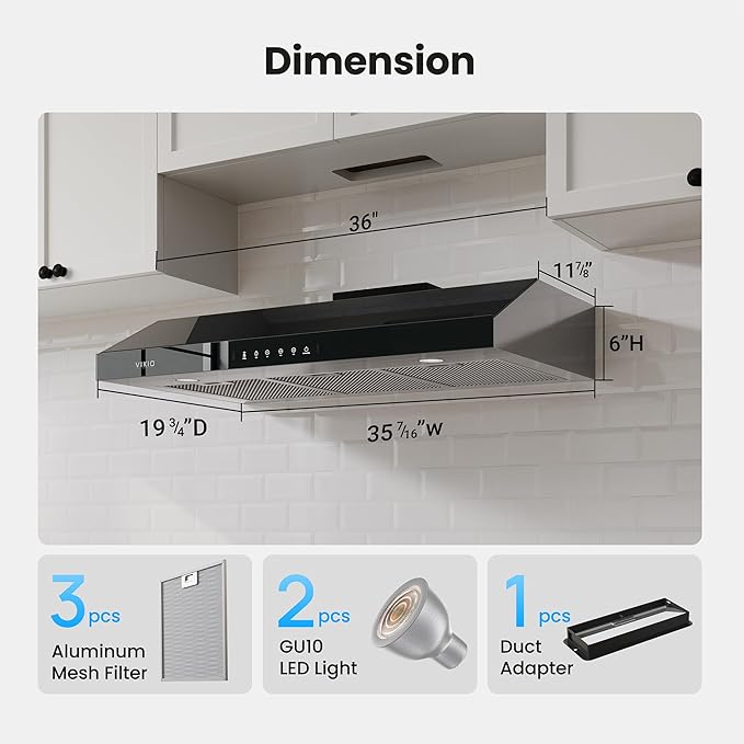 Under Cabinet Range Hood 36 Inch, 900 CFM Dual Centrifugal Motor, 3-Speed Ducted Kitchen Vent, Reusable Filters, Stainless Steel Kitchen Hood with LED Lights, Low Noise, Glass Black