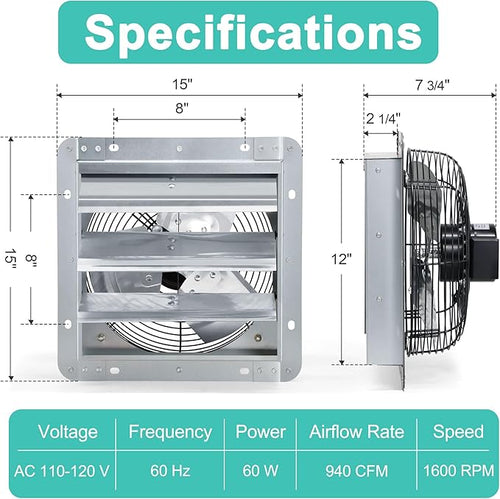 12 Inch Shutter Exhaust Fan with Speed Controller and Power Cord, Wall Mount Attic Fan for Greenhouses, Sheds, Garages, Chicken Coops, Barns Ventilation, 970 CFM