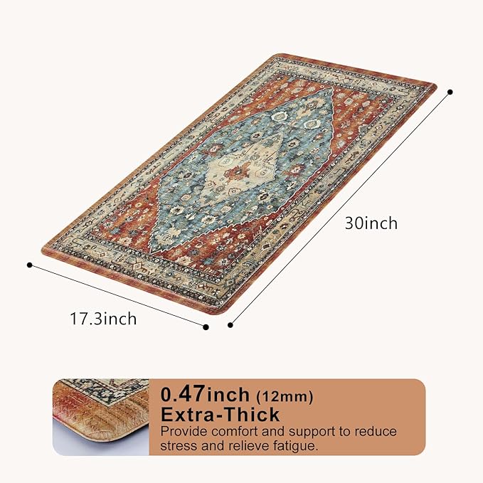 Collive Boho Kitchen Mats Cushioned Anti Fatigue Mats, Non-Slip Kitchen Floor Mats, Standing Kitchen Mats for Office, Sink, Laundry, 17”x30” Red Waterproof Kitchen Rug