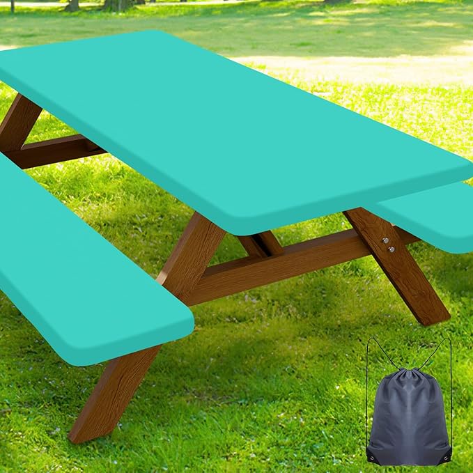 Smiry Picnic Table Cover with Bench Covers, Waterproof Elastic Fitted Polyester Tablecloths for 8 Ft Rectangle Tables, Washable Windproof Tablecloth for Camping, RV & Outdoor (Teal, 30x96 Inches)
