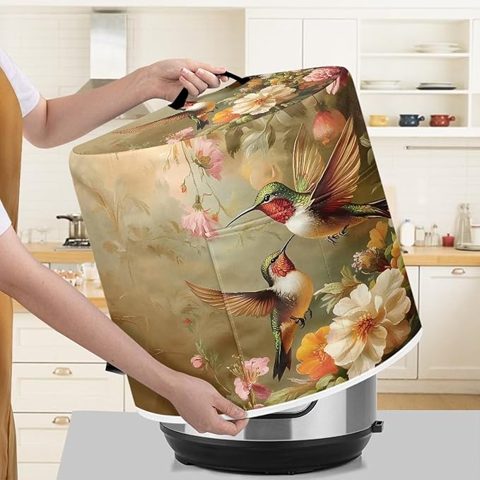 TODIYADDU White Flower Hummingbird Pressure Cooker Cover with Handle and Storage Pocket for Extra Accessories Portable Kitchen Appliance Dust Cover Protective for Air Fryer Toaster Accessories, S