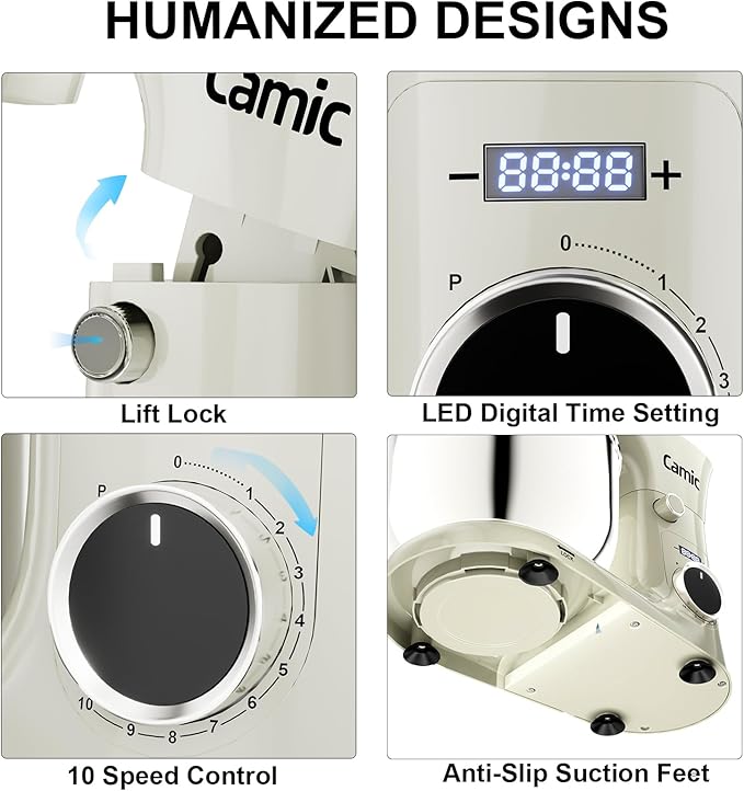 Camic Stand Mixer, 4.2QT+5.3QT Two bowls Electric Food Mixer, 10 Speeds with Digital setting 3-IN-1 Kitchen Mixer for Baking Cakes Cookie Bread Salad with Egg Whisk,Dough Hook,Flat Beater(White)