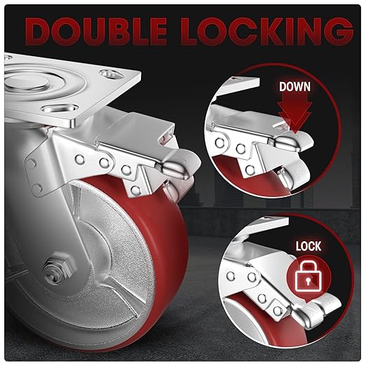 Casters Set of 4 Heavy Duty 6 inch with Brakes 2 and Fixed - ASRINIEY Locking Casters with Quiet Polyurethane on Steel Wheels, Swivel Plate Industrial Caster for Tool Box Trolley Workbench, 5000 lbs
