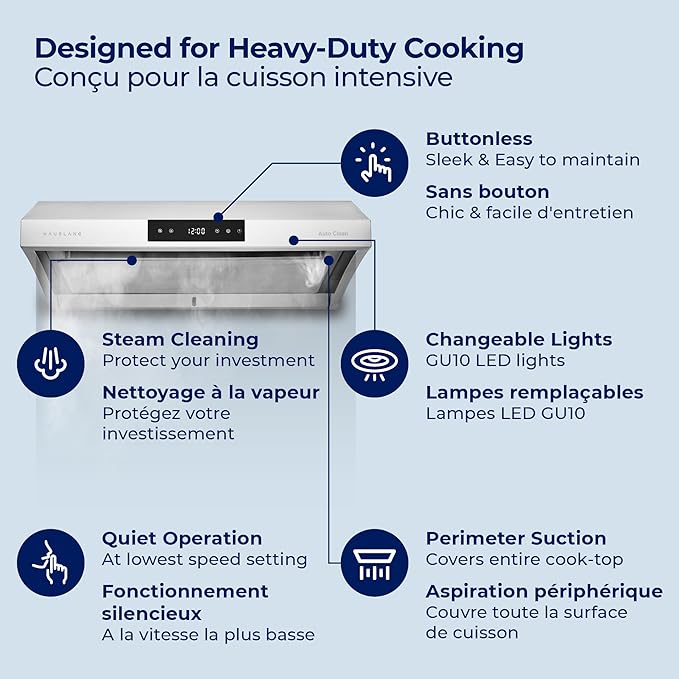 Hauslane Range Hood 30" Under Cabinet, 950 CFM Kitchen Range Hood | Steam Auto Clean Vent Hood, 6 Speed Kitchen Hood with Touch Panel | Stainless Steel Range Hoods Chef Series PS38