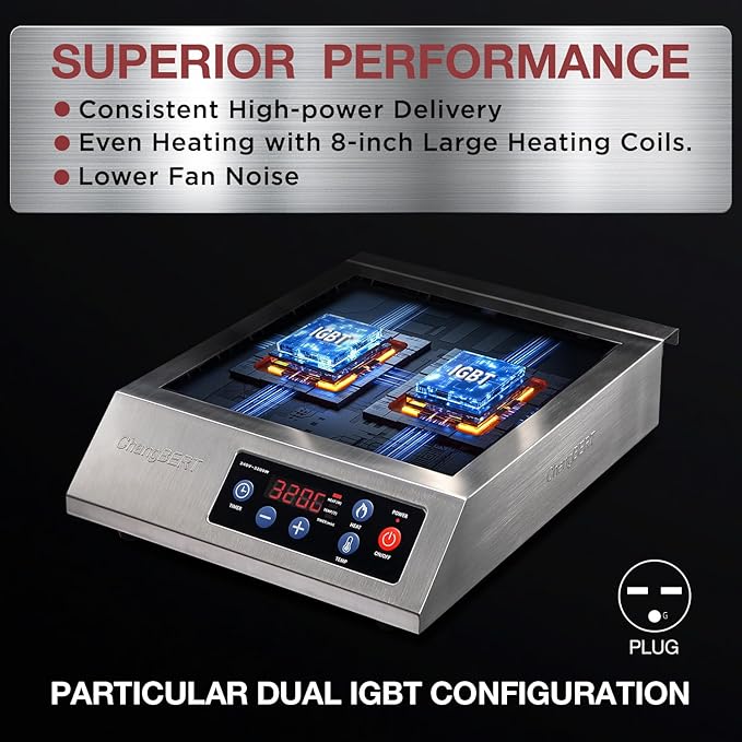 ChangBERT Portable Induction Cooktop 208-240V 3200W NSF Certified Commercial Range Countertop Burner Pro Chef Professional Hot Plate High Power 18/10 Stainless Steel Housing Schott Glass