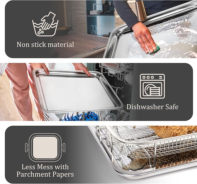 Air Fryer Basket for Oven, Stainless Steel Oven Air Fryer Basket and Tray Set, 2 Pack Air Fryer Pan Rack with 100 Pcs Parchment Papers - 15"x11" & 12.8"x9.6" (15"x11" & 12.8"x9.6")