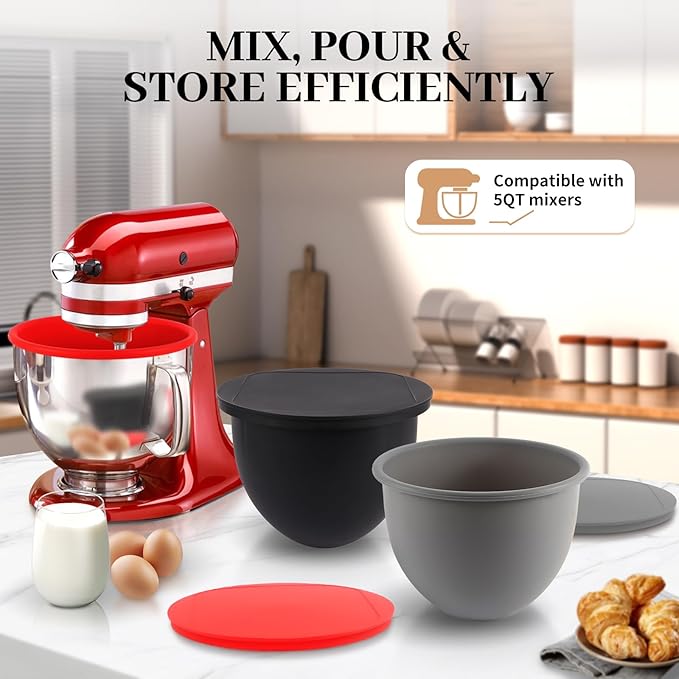 5QT Silicone Mixing Bowls with Lids (3 pack) Compatible with 5QT KitchenAid Mixer, Shatterproof, leak-proof design, Non-slip base, Easy-to-clean food storage bowls, Food-grade silicone