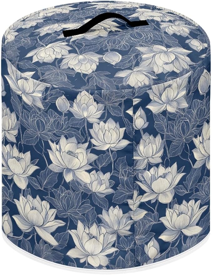 Insulated Pressure Cooker Appliance Cover, Also Fit for Rice Cooker, Air Fryer and Crock Pot, 3 Qt Dust Cover with Pocket for Spoon/Cooking Utensils/Recipes, Machine Washable, Blue Lotus
