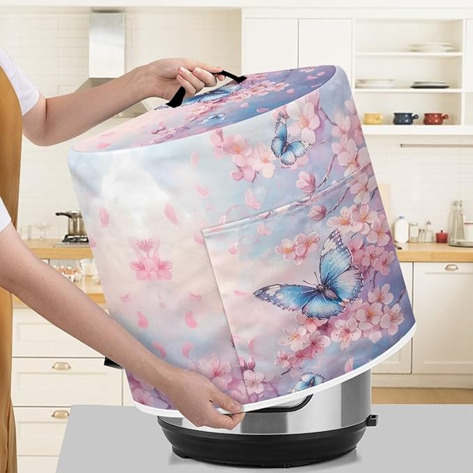 Xoenoiee Butterfly Pink Cherry Blossom Print Pressure Cooker Cover for Kitchen Appliance Dust Cover with Pockets for Rice Cooker Air Fryer Slow Cooker, for 3 Qt Pot
