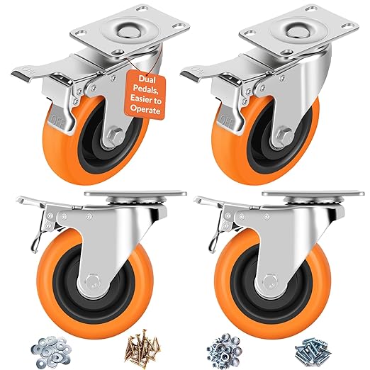 Caster Wheels, 5" Casters Set of 4 Heavy Duty - Dual Pedal Locking Casters with ON/Off Tabs (Easier to Operate), Swivel Plate Caster, No Marks Castor Wheels for Carts Furniture and Workbench
