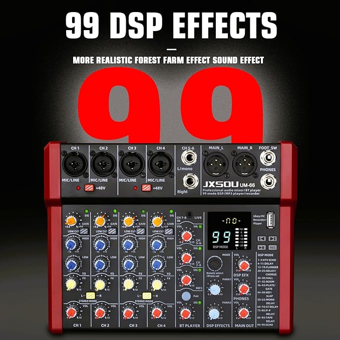 8-Channel Audio Mixer, DJ Mixer, Sound Board Console with 99 DSP Effects, Bluetooth Mixer Input 48V Phantom Power Stereo USB XLR Mixer For Karaoke Studio PC Recording