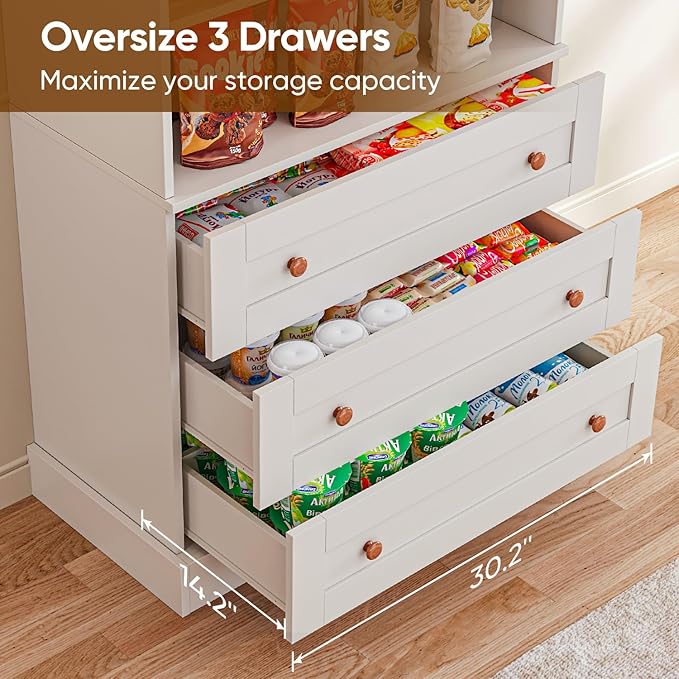 Vyre 71" Tall Farmhouse Kitchen Pantry, Large Storage Cabinets with Glass Doors, Hutch Cabinet with 3 Drawers, Adjustable Shelves for Living Room, Dining Room
