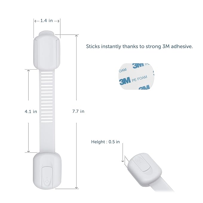 Child Safety Cabinet Locks (2 Pack) – Adjustable Baby Proofing Strap Latches with Strong 3M Adhesive – No Drill Childproof Locks for Drawers, Cabinets, Fridge, Door, Closet, White
