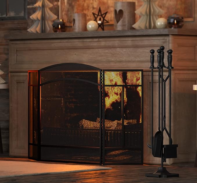 Fire Beauty Fireplace Screen 3 Panel Wrought Iron 48"(L) x 29"(H) Spark Guard Cover(Sanded Black)