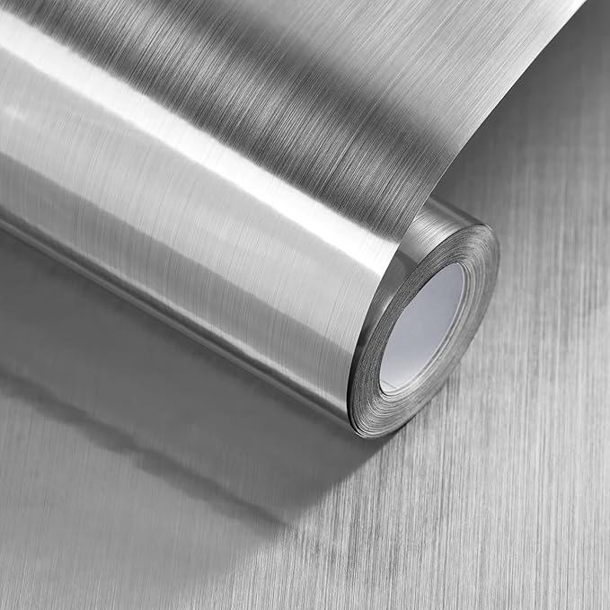 Stainless Steel Contact Paper Peel and Stick Countertop Silver Metallic Refrigerator Wrap Contact Paper DIY Waterproof Wallpaper for Kitchen Backsplash Dishwasher Cabinets 15.7"x80"