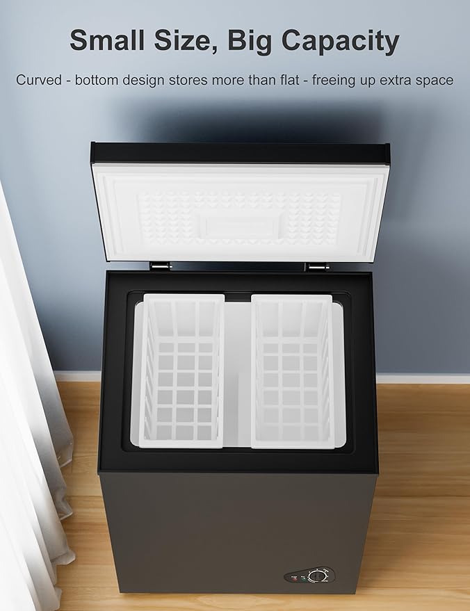 5.0 Cu.Ft Chest Deep Freezer with 2 Removable Baskets, Energy Efficient (0.41kWh/24H), <40dB Ultra-Quiet, 6 Temp Control, Manual Defrost, Free Standing Top Open Door for Home Garage Basement, Black