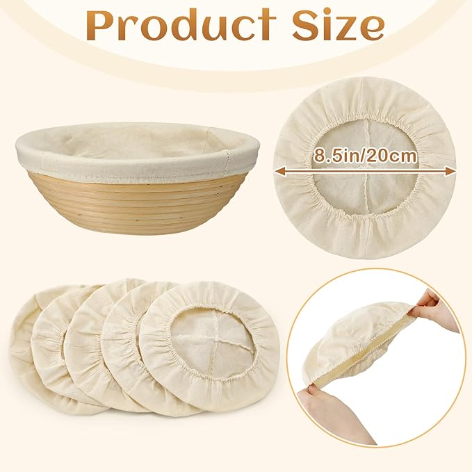 Boao 6 Pieces Bread Banneton Proofing Basket Liner Cloth Cover Natural Rattan Baking Dough Banneton Proofing Sourdough Basket Cloth Liner Bread Baking Supplies(Round, 8.5 Inch)