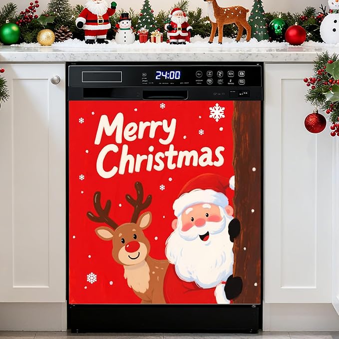 Christmas Santa Elk Dishwasher Magnet Cover, 23" W x 26" H Fridge Magnetic Stickers Reuseable Magnet Panel Decal Cover for Washing Machine Fridge Microwave Cabinet Kitchen Christmas Decoration