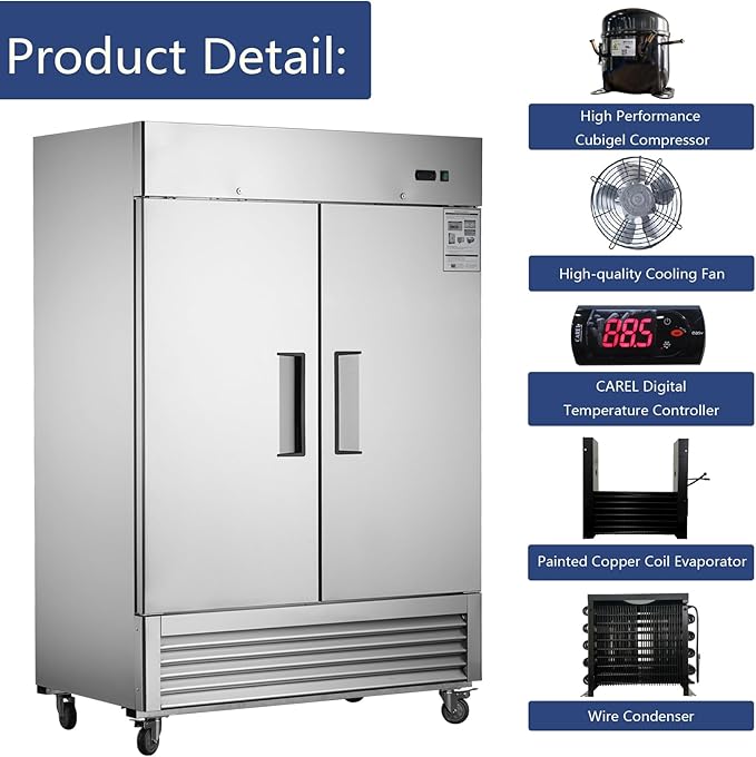 54" Upright Commercial Freezer with 2 Solid Door, 42 Cu.Ft Reach-in Freezer, Stainless Steel Interior and Exterior Construction, -8℉ ~ -2℉, Fan Cooling Freezer, ETL and DOE