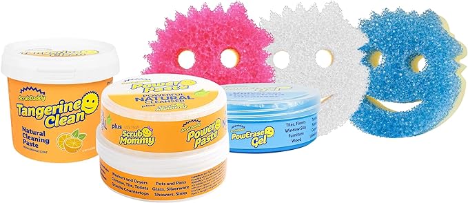 Scrub Daddy Sponges + Household Cleaning Supplies Bundle - PowerPaste Cleaning Putty, Tangerine Clean, PowErase Gel All Purpose Cleaner & Scrub Mommy (3 Pastes & 3 Sponges)
