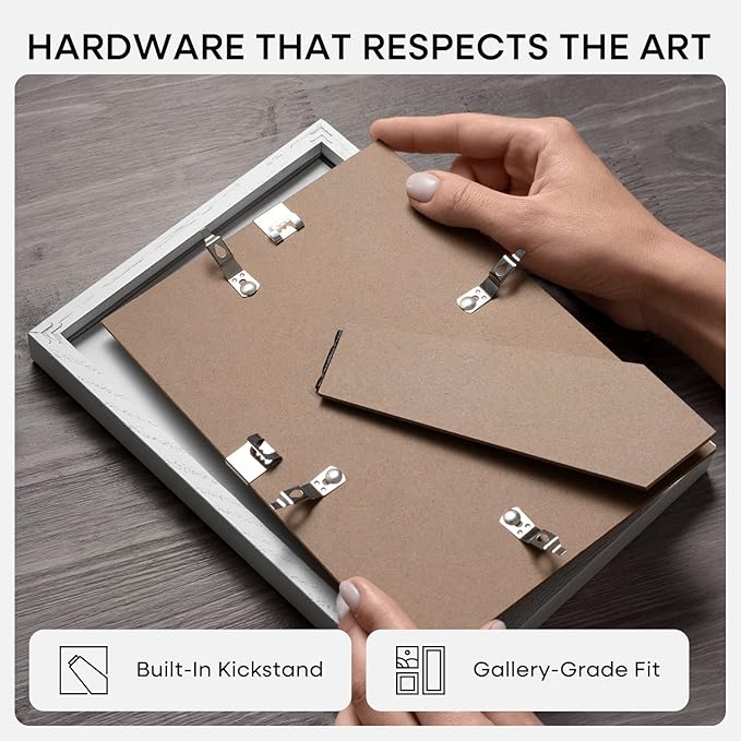 Homeforia A4 Picture Frame White Wood, High-End Oak 8.3 x 11.7 White Poster Frames Matted to 5.8 by 8.3 Photo, 8.3x11.7 Size Wooden Frame with Mat for 5.8x8.3 Print, Tempered Glass, Wall Kit, Set of 1