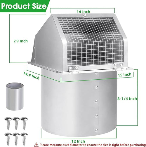12 Inch Hooded Wall Vent with Screen and Damper, Outdoor Wall Exhaust Vent Cover Cap for Duct Dryer Range Hood Exterior Heating Cooling Ventilation and Outside Air Exhaust, Galvanized Steel, White