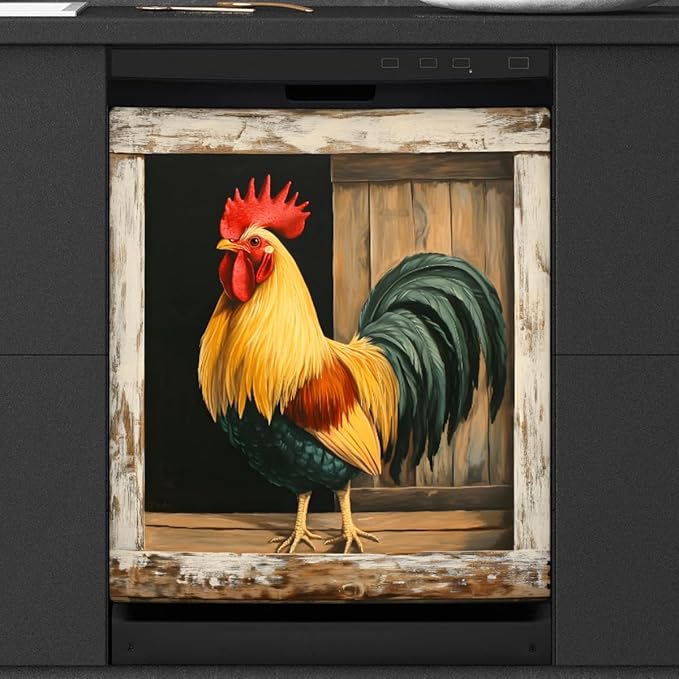 Animal Rooster Wooden Dishwasher Magnet Cover Front Dishwasher Cover Decor Reusable Magnetic Door Cover Panel Decal Home Appliances Stickers Kitchen Refrigerator Fridge 23"x26"