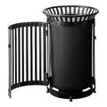45 Gallon Black Trash Can with Flat Lid & Door, Outdoor Heavy-Duty Commercial Waste Bin Steel Slatted, Round Recycle Container, Durable Garbage Can for Parks, Municipalities, Schools, Parking