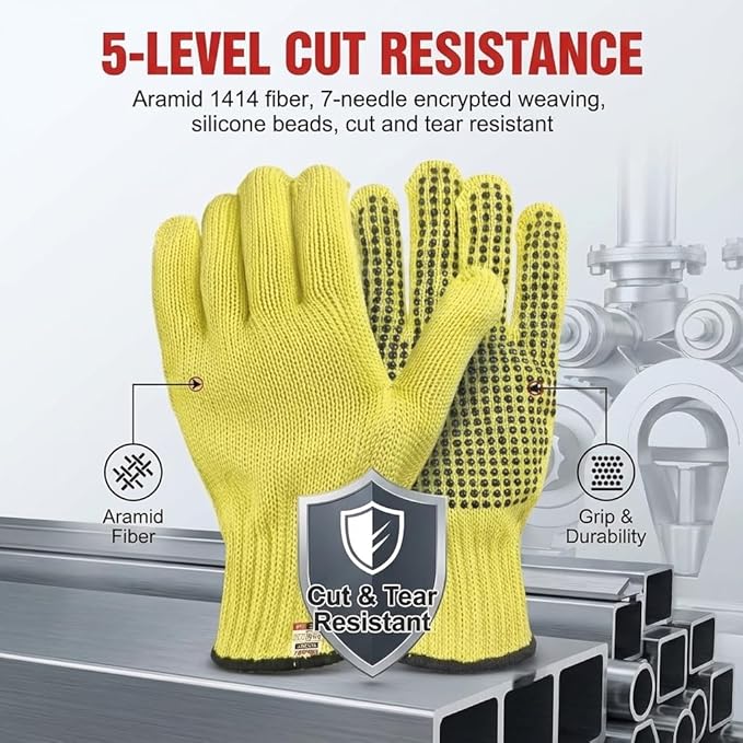 Heat Cut Resistant Gloves,Aramid leather Oven Gloves with Fingers,Heat Resistant Up to 550°F, Thick Knit Grill Mitts (silicone beads, Medium)