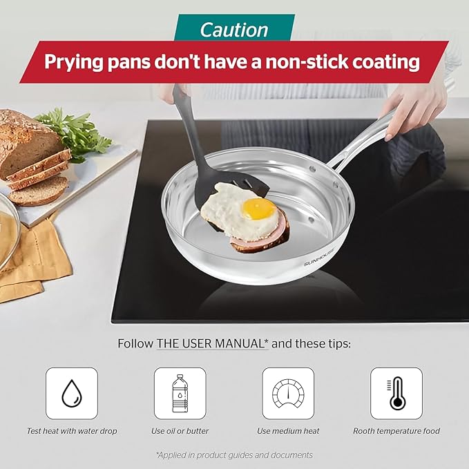 Sunhouse 8 Inch Tri-Ply Stainless Steel Frying Pan, Whole-Clad No Coatings Skillet with Stay-cool Handle for Cooking, Durable & Oven Safe to 500°F, Dishwasher Safe, Compatible with All Cooktops