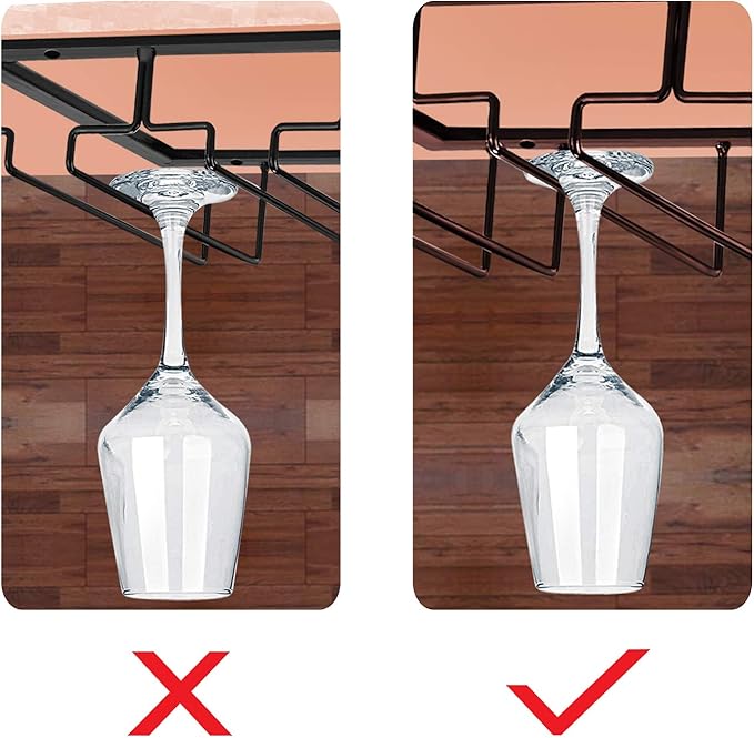 MOCOUM Wine Glasses Rack Under Cabinet Stemware Rack, Wine Glass Hanger Rack Wire Wine Glass Holder Storage Hanger for Cabinet Kitchen Bar (Brown, 4 Rows 2 Pack)