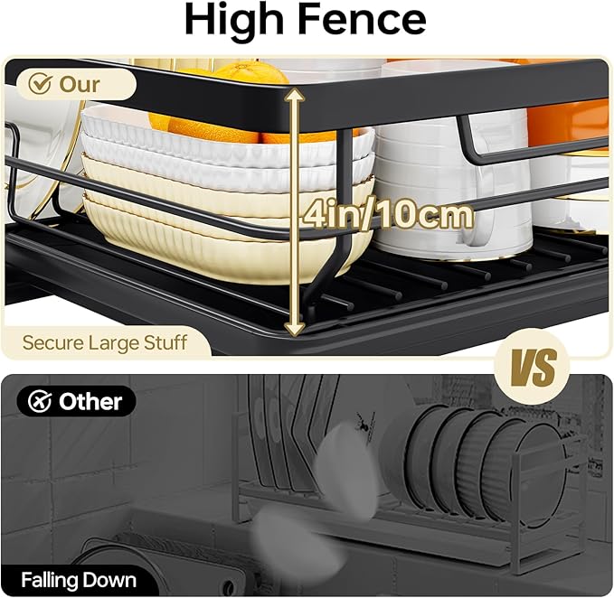 TOOLF Space-Saving Dish Drying Rack, Multifunctional Dish Rack for Kitchen Counter,Sink Dish Drainer Rack, Dishes Strainer with Drain Board & Cutlery Holder, Compact Dryer Rack,Black