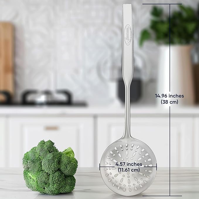 Skimmer Slotted Spoon, [Rustproof, Integral Forming, Durable] Newness 304 Stainless Steel Slotted Spoon with Vacuum Ergonomic Handle, Comfortable Grip Design Strainer Ladle for Kitchen, 14.96 Inches