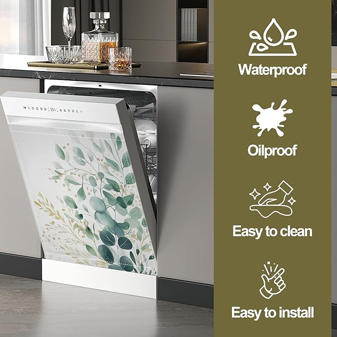 Magnetic Dishwasher Cover,Eucalyptus Greenery Reusable Dishwasher Magnetic Cover Gold Foil Decorative Door Covers Panel for Home Kitcen 23" x 26"