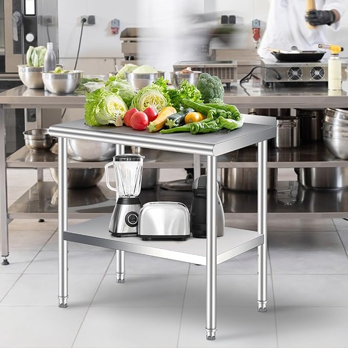 Stainless Steel Prep Table, 30 x 24 Inches, with Backsplash, Adjustable Undershelf, Commercial Heavy Duty Table with Adjustable Under Shelf for Outdoor Use,Restaurants,Hotels,Works