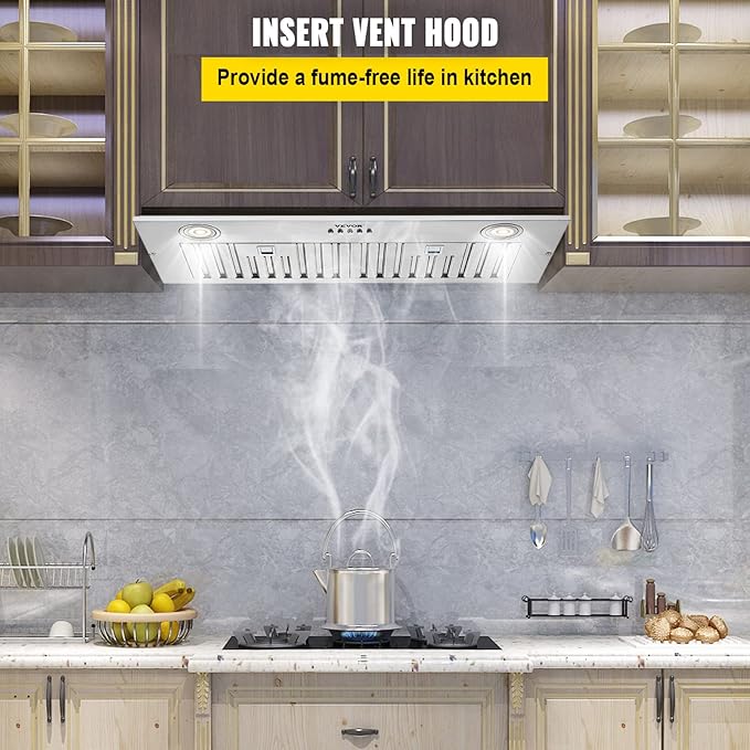 VEVOR Insert Range Hood, 800CFM 3-Speed, 27 Inch Stainless Steel Built-in Kitchen Vent with Push Button Control LED Lights Baffle Filters, Ducted/Ductless Convertible, ETL Listed…