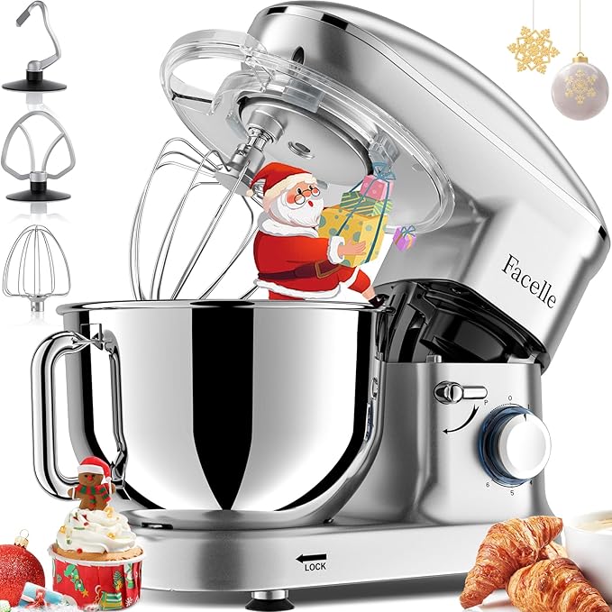 Facelle Stand Mixer, Electric Kitchen Mixer, 660W 6 Speed Tilt-Head stand mixer with Pulse, Attachments include 6.5QT Bowl, Dishwasher Safe Beater,Dough Hook,Whisk for Dough,Baking,Cakes,Cookie-Silver