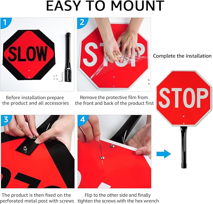 GicnKeuz Stop Slow Sign with Metal Handle, 13x13 inches Double Sided Slow/Stop sign, Traffic Reflective Aluminum Sign, Fade Resistant/Waterproof, Easy to Mount (2 Pack)