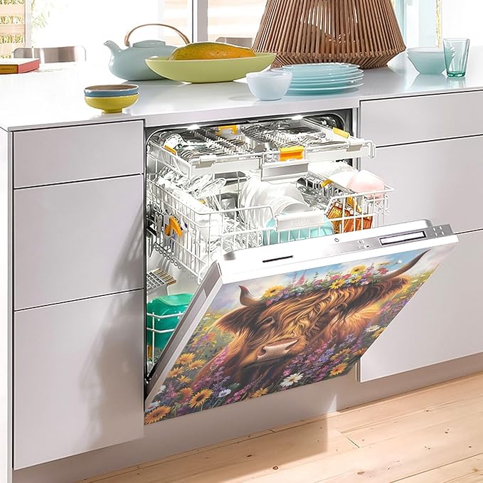 Highland Cow Summer Flowers Dishwasher Magnet Cover Sticker Magnetic Refrigerator Panel Front Door Fridge Microwave Decal