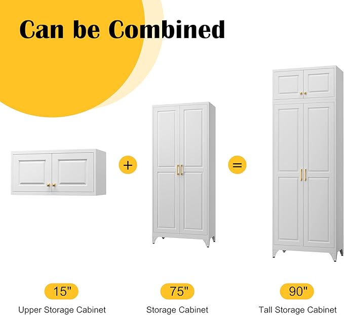 Steeloong90“ Kitchen Pantry Cabinet,Metal Storage Cabinets with Doors and 4 Adjustable Shelves,White Kitchen Cabinet with 2 Gold Handles,Tall Cabinet for Livingroom,Pantry, Bathroom