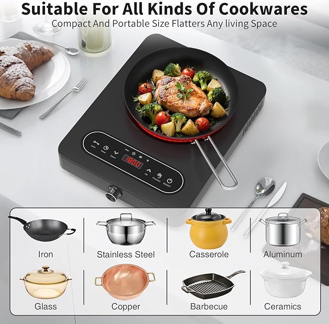 VBGK Single Burner Electric Cooktop, 110V 1800W Electric Cooktop with LED Touch Controls and Knob Controls, 10 Power Levels, 4-Hour Timer, Safety Lock, Single Burner Overheat Protection
