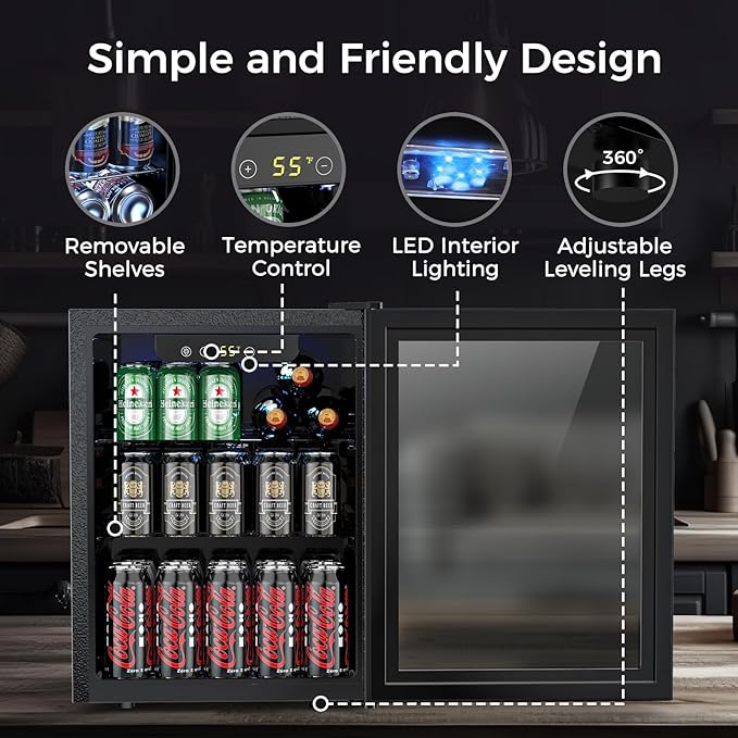 COWSAR Mini Fridge Cooler, 16 Bottle 68 Can Beverage Refrigerator with Glass Door for Wine Beer Soda, Wine Fridge with Touch Control Panel, Wire Shelving for Home Office Bar, 1.7 Cu. Ft