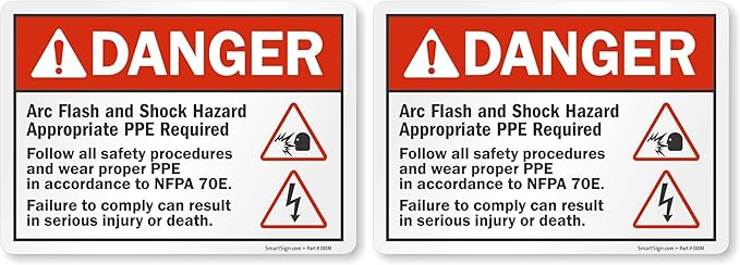 SmartSign Adhesive Vinyl Label, Legend Danger: Arc Flash and Shock Hazard PPE Required with Graphic, 5" high x 7" Wide, Black/Red on White (Pack of 2)