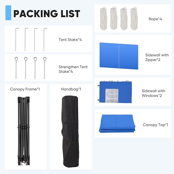 Saemoza 10x10 Pop Up Canopy Tent with One Push Setup, Portable Sun Shade Tent, Instant Easy Up Canopy with 4-Sidewalls & Handbag, Outdoor Fldable Gazebo with Vent Top, Blue.