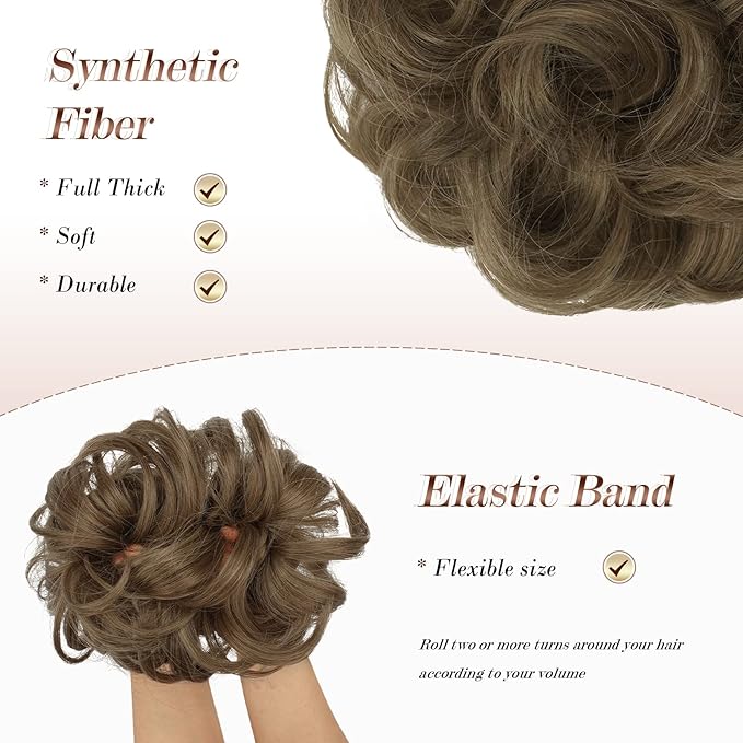 FESHFEN Large Messy Bun Hair Piece - Wavy Synthetic Chignon Scrunchies Elastic Ponytail Hair Extensions Thick Hairpieces for Women, Light Brown mix Natural Blonde 1.94oz