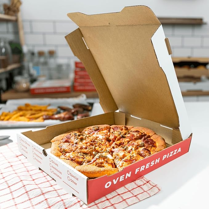 Karat Pizza Boxes 12" x 12" x 2" [50 Pack] Classic Red Print Corrugated Boxes | Ventilated, Grease-Resistant, Durable for Pizza, Catering or Shipping Use