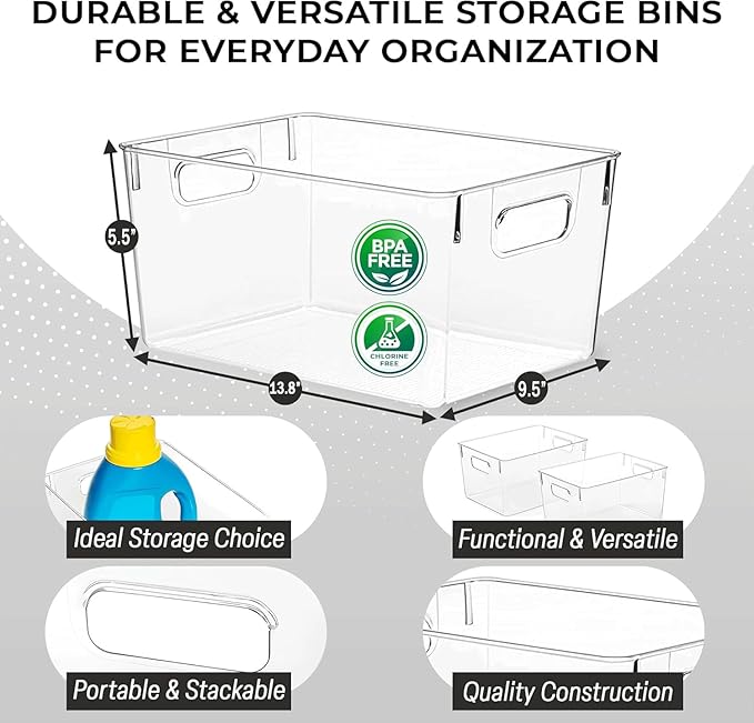 Set Of 2 Plastic Storage bins,  13.6x9.5x5.7''Versatile Kitchen Pantry Organization and Storage,for Plastic Storage Container Under Bed,Under Sink Bathroom Organizer (Clear, 2 Pack Large